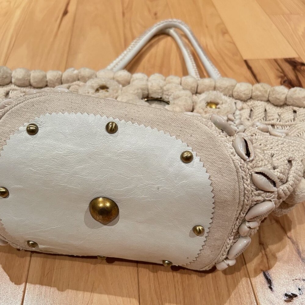 FIGUE Tuktuk Cotton Canvas Tote Bag Bohemian Style Cowrie Shells Pom Pom Purse - Picture 6 of 7